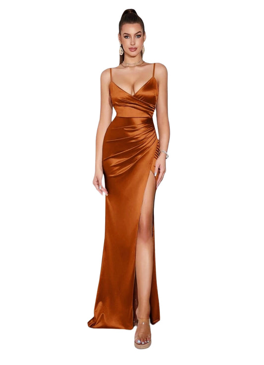 Vestido Largo Naranja Satinado de Tirantes