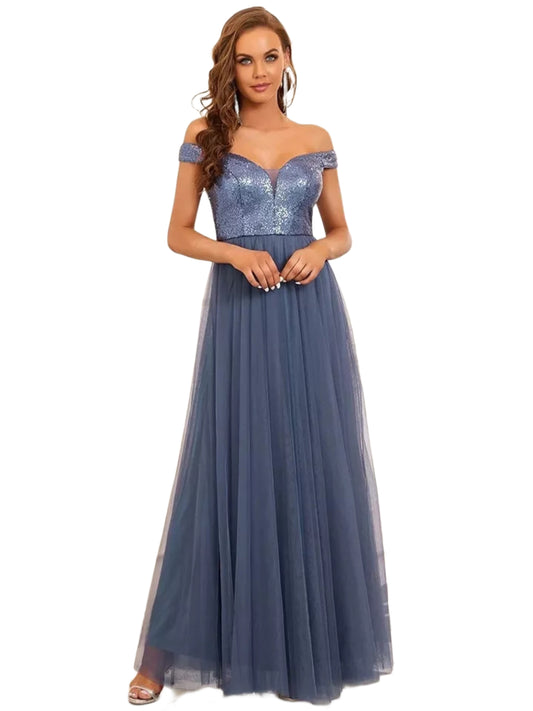 Vestido Largo Azul Grisáceo de Tul con Lentejuelas
