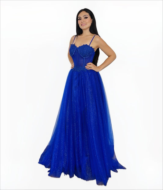 Vestido Largo Ampon Azul Rey de Tul con Brillos