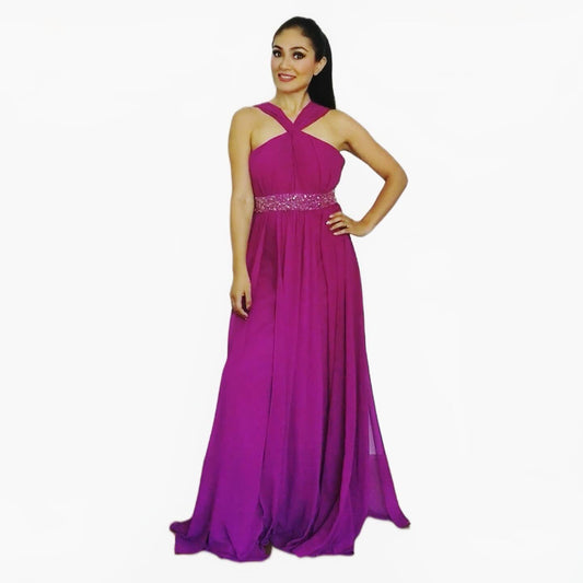 Vestido Largo Magenta con Cinturón de Piedras