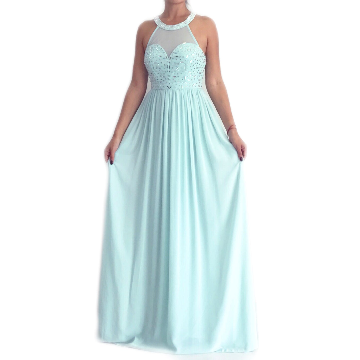 Vestido Menta con Pedrería Alargada