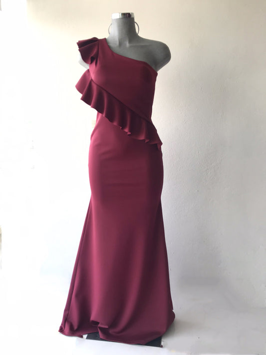 Vestido Tinto de un Hombro con Olan
