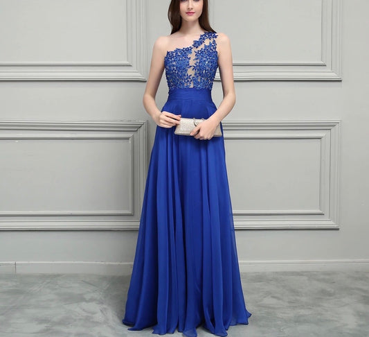 Vestido Largo Azul Rey de un Hombro con Encaje
