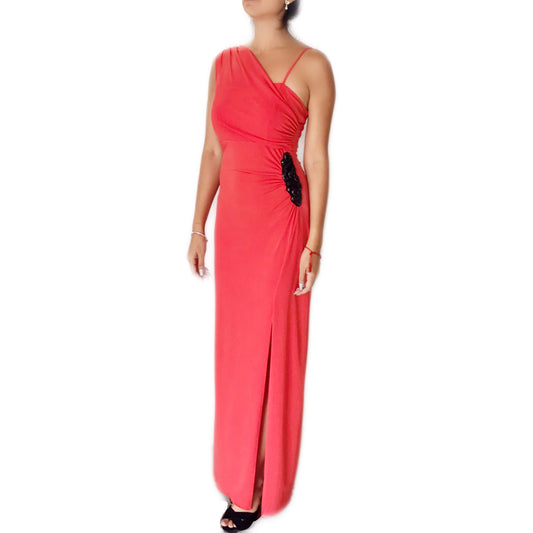 Vestido Largo Coral con Piedras Negras