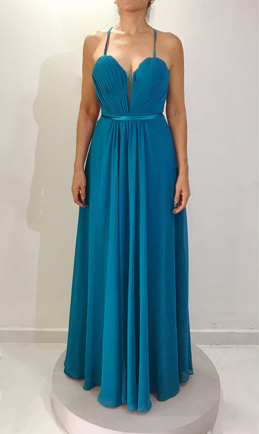Vestido Azul Teal Largo Transparencia en el Escote