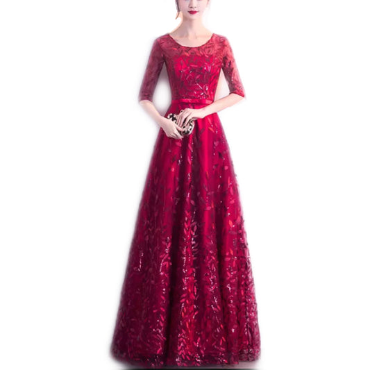 Vestido Rojo Manga 3/4 Aplicaciones de Lentejuelas