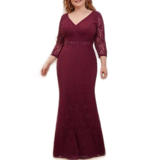 Vestido Tinto Extra Grande de Encaje y Manga Larga