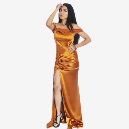 Vestido Largo Satinado Naranja Quemado