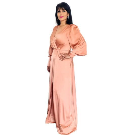 Vestido Largo Naranja Chedron de Mangas Largas
