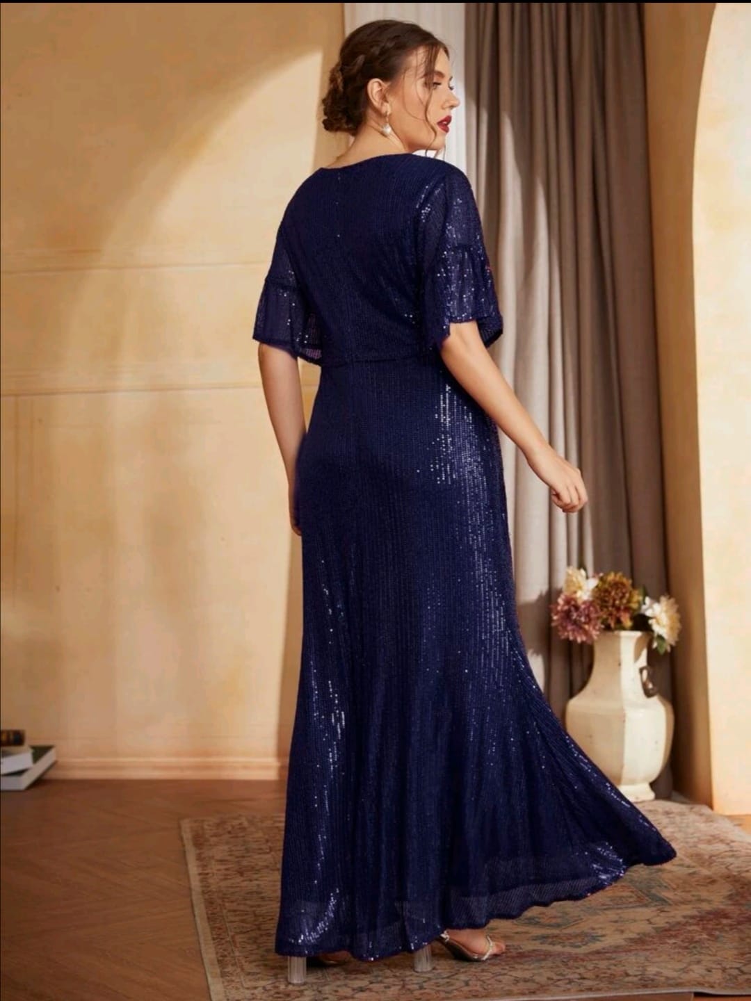 Vestido Azul Marino de Lentejuelas Manga 3/4