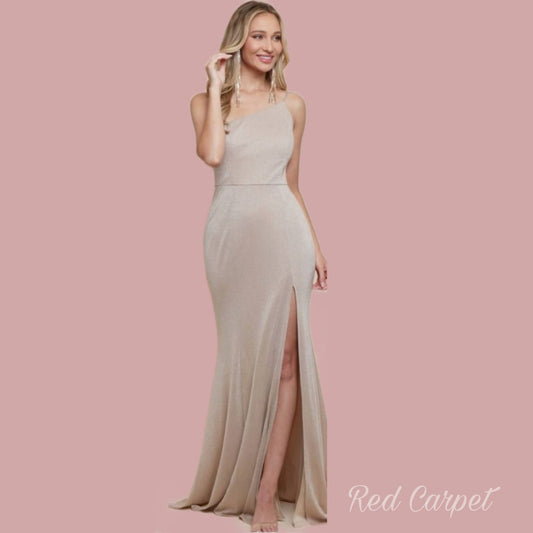 Vestido Champagne de un Hombro Tela Brillosa