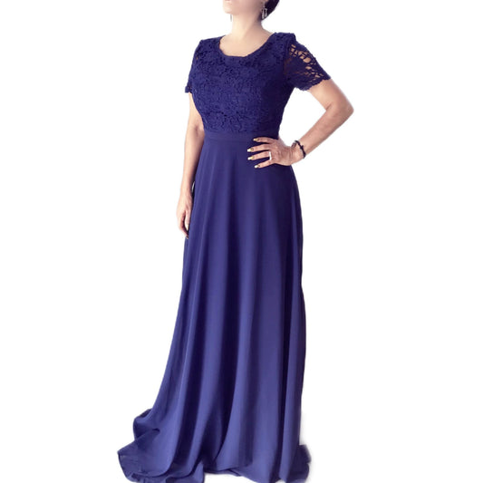 Vestido Azul Marino Manga Crochet